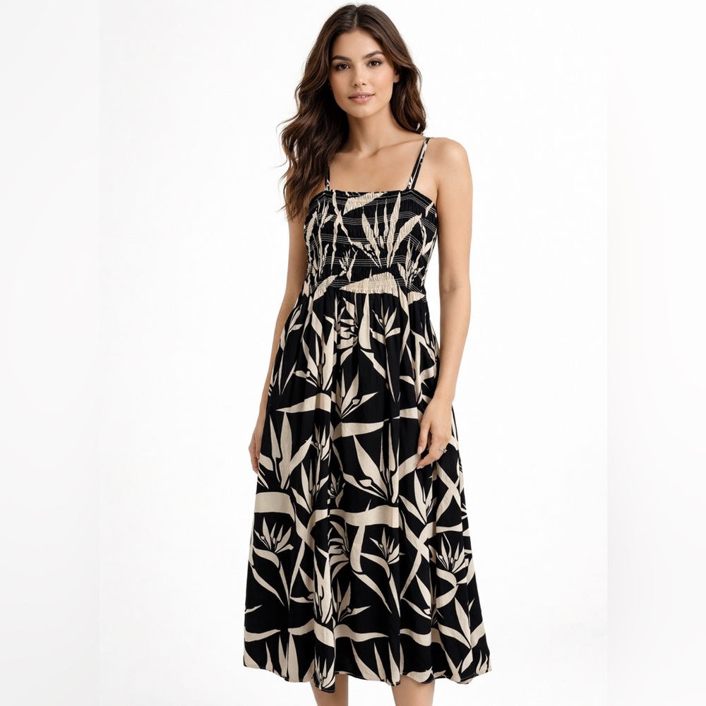 Pistola Bianca Floral Smocked Midi Dress Cruise Beach Birds of Paradise Size L